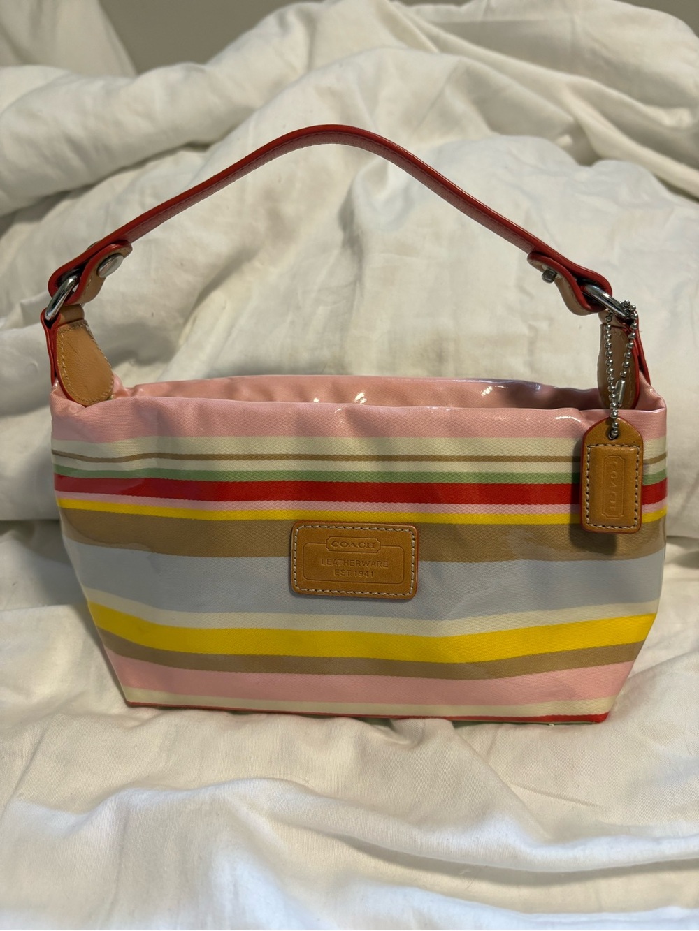 Y2K Coach Hampton Watercolor Stripe Patent Leather/ Coated Canvas Mini Hobo Bag